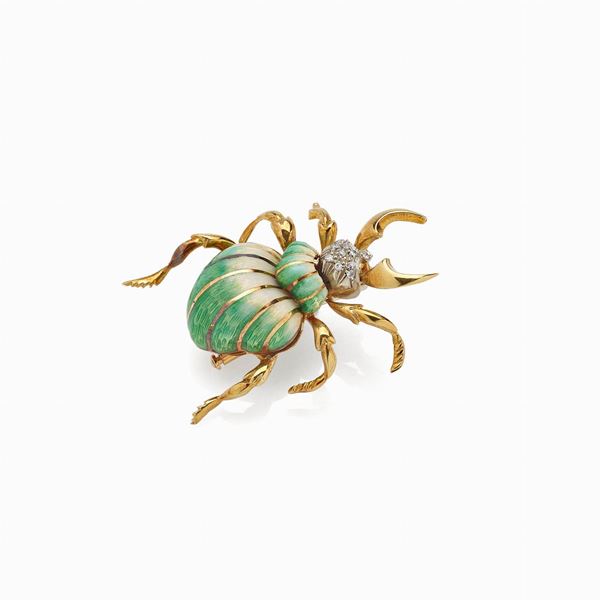 Yellow gold brooch with enamel and diamonds  - Auction GIOIELLI, OROLOGI E VINTAGE LUXURY GOODS - Faraone Casa d'Aste