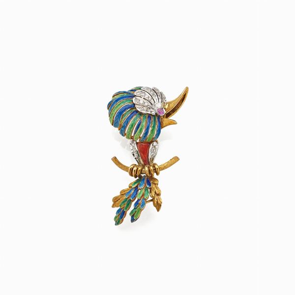 Yellow and white gold brooch with enamel and diamonds
