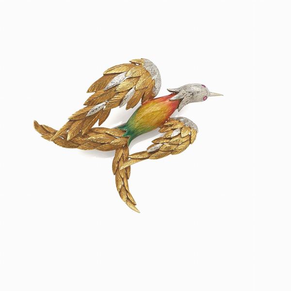 Yellow and white gold brooch with enamel and diamonds