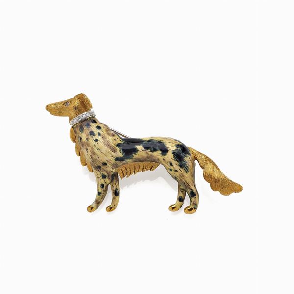 Yellow and white gold brooch with enamel and diamonds