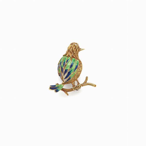 Yellow gold brooch with enamel and diamonds