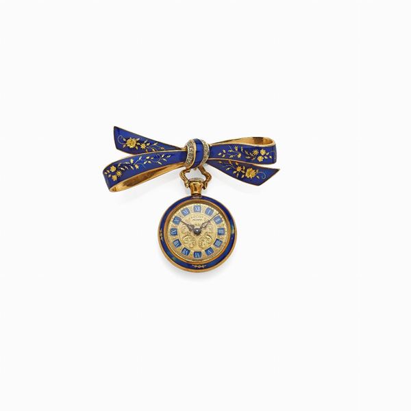 Gold brooch with pendant clock decorated with champlevé enamels and diamonds  - Auction GIOIELLI E OROLOGI - Faraone Casa d'Aste
