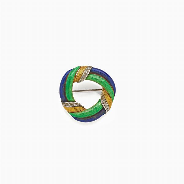 Round rounde bosse enamel brooch with diamonds  - Auction GIOIELLI E OROLOGI - Faraone Casa d'Aste