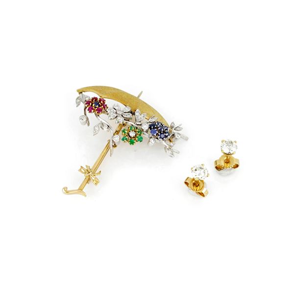 Lot consisting of diamond earrings and umbrella brooch with diamonds; rubies; sapphires and diamonds 