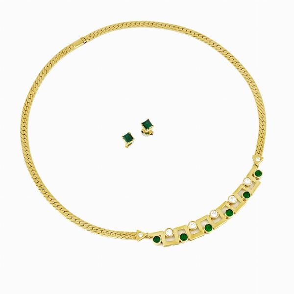 Gold earrings with emeralds and gold necklace with emeralds and diamonds