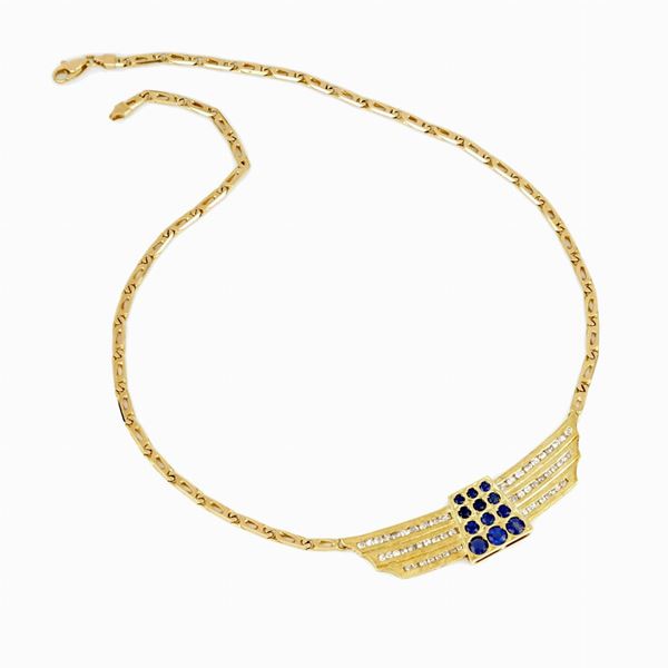 Gold necklace with diamonds and sapphires
