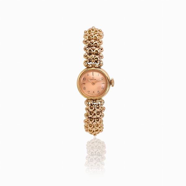 Omega gold watch with pink dial round