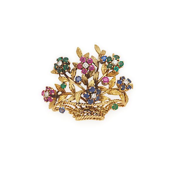Sapphire, ruby, emerald and diamond brooch