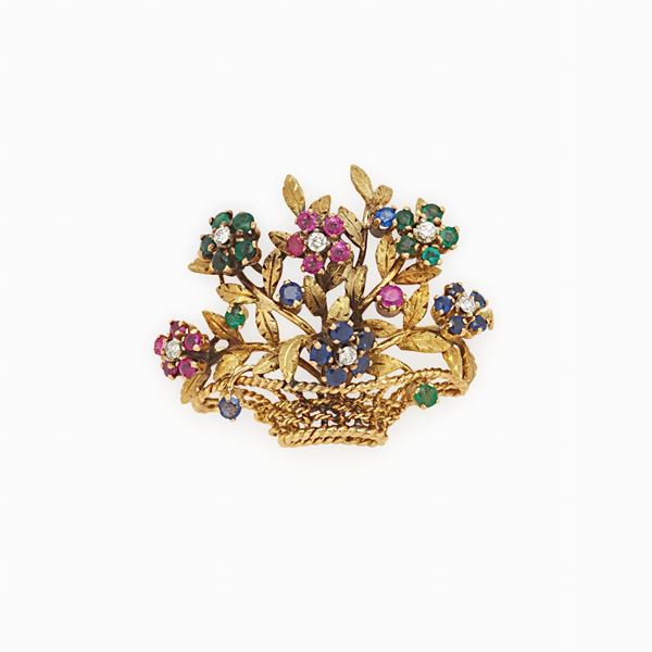 Sapphire, ruby, emerald and diamond brooch
