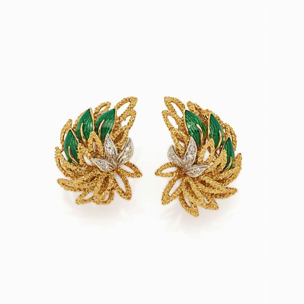 18 carat yellow gold, diamonds and enamel earrings
