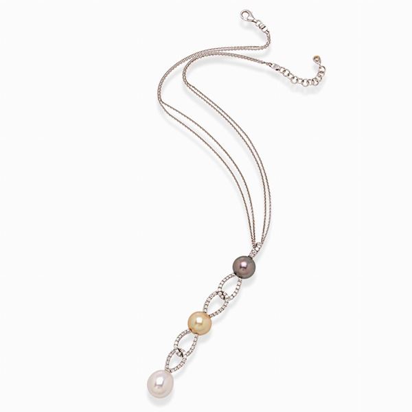 Gold necklace with pendant signed Crivelli with pearls and diamonds