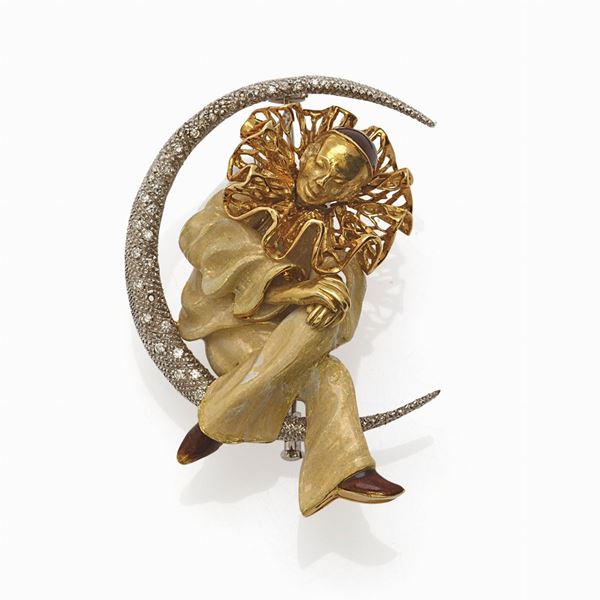 Pierrot 18 carat yellow and white gold brooch  - Auction GIOIELLI, OROLOGI E VINTAGE LUXURY GOODS - Faraone Casa d'Aste
