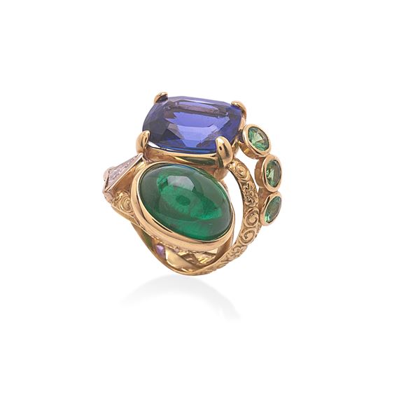 Tanzanite and emerald ring