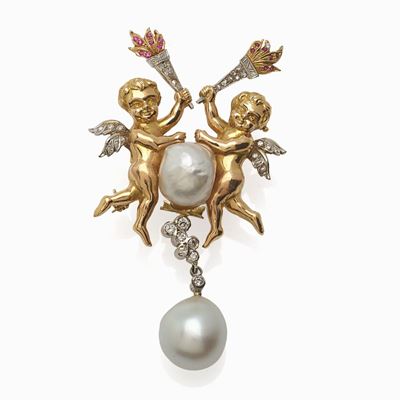 Spilla Oro Perle Barocche e Diamanti