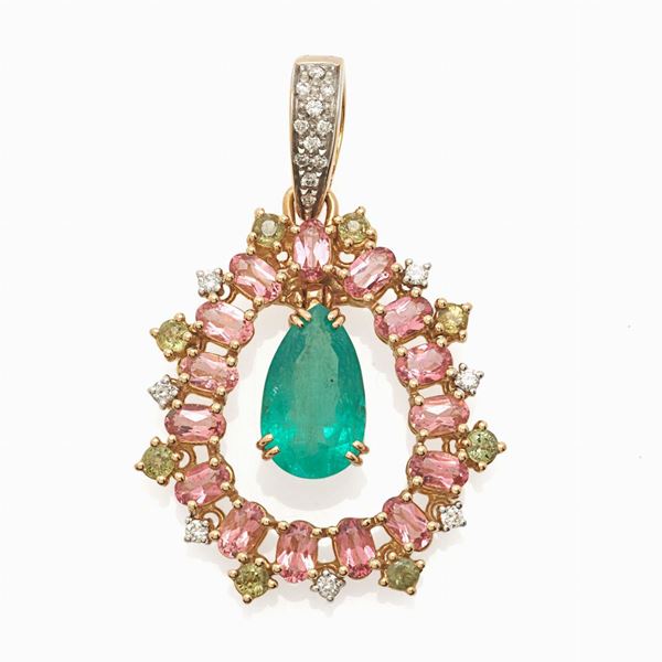 Pendente con smeraldo a goccia e gemme  - Asta GIOIELLI, OROLOGI E LUXURY GOODS - Faraone Casa d'Aste
