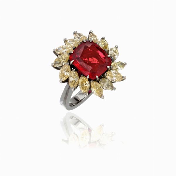 18 carat black rhodium plated gold ring mounting ruby and diamonds