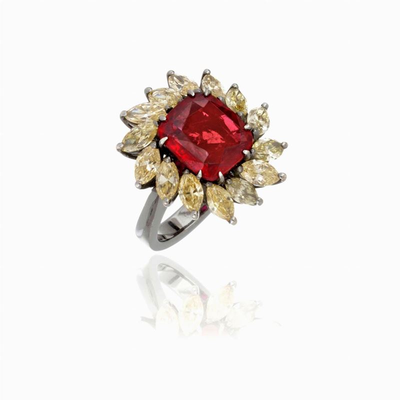 Anello in Oro Bianco Rodiato Nero con Rubino e Diamanti