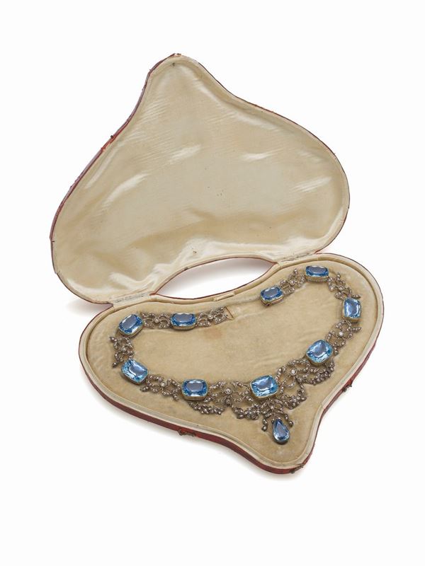 Silver and gold Garland style necklace with aquamarines