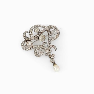 Spilla/pendente in Oro e Platino con Diamanti e Perla