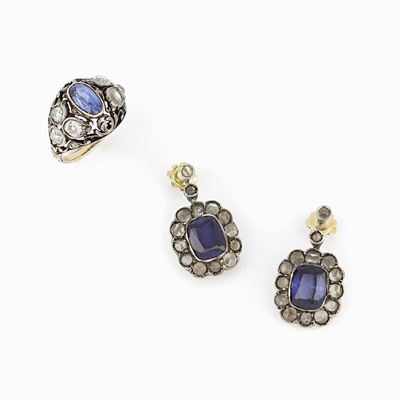 Anello e Orecchini in Oro e Argento con Zaffiri Sintetici e Diamanti