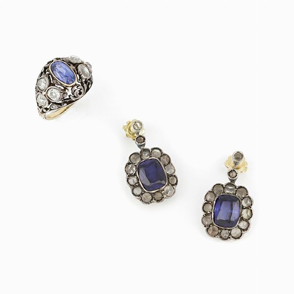 Anello e orecchini in oro e argento con zaffiri sintetici e diamanti  - Asta GIOIELLI E OROLOGI - Faraone Casa d'Aste