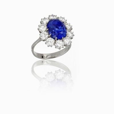 Anello Oro Bianco Zaffiro e Diamanti