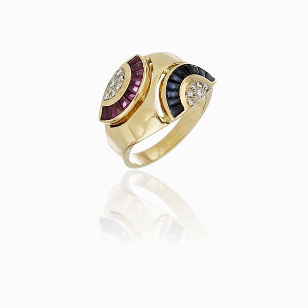 Anello in oro 18 carati con diamanti 0,12ct, rubini e zaffiri circa 0,80ct