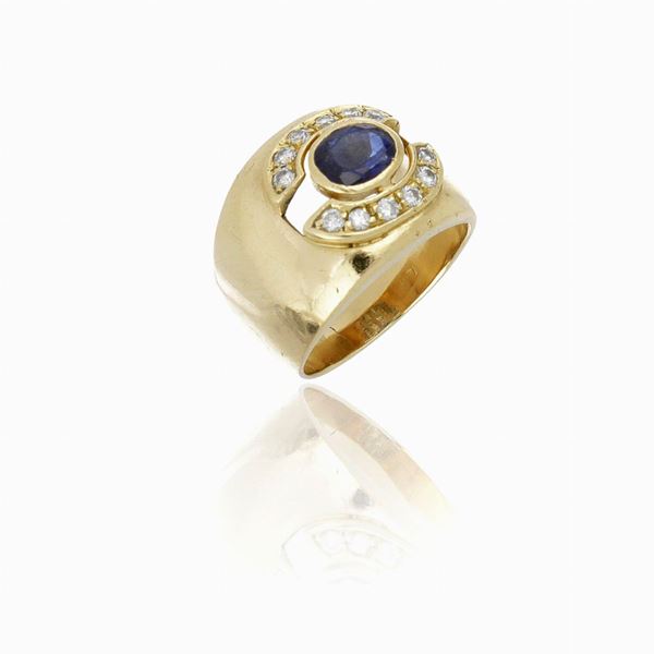 Anello oro giallo, diamanti e zaffiri