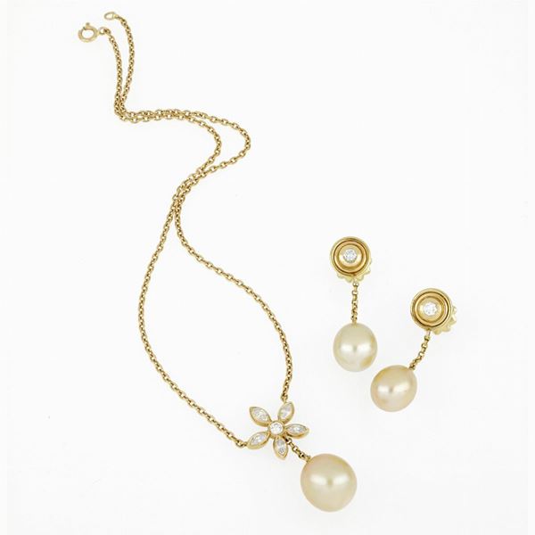 Demì-parure, collana orecchini, diamanti e perle