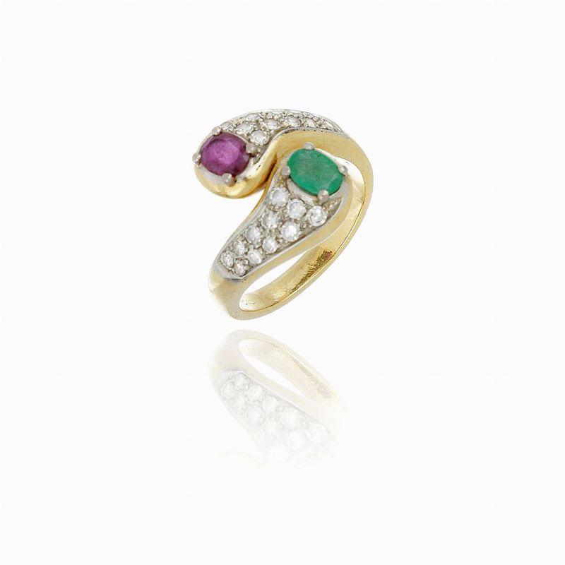 Anello Contrarié Smeraldo e Rubino
