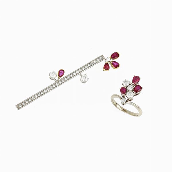 Ring and brooch with rubies diamonds
