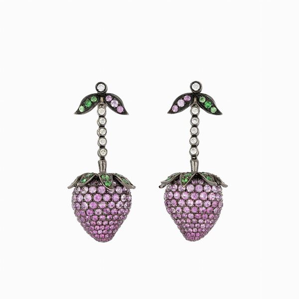 Gold earrings with diamonds, rubies and emeralds