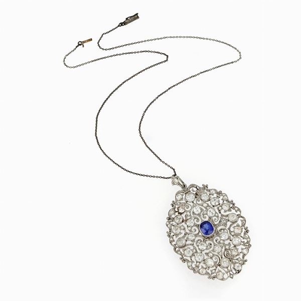 Platinum diamond sapphire pendant 