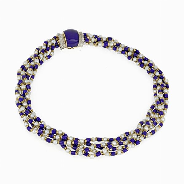 Gold enamel pearl necklace