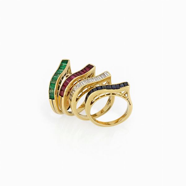 Lotto 4 anelli diamanti, zaffiri, rubini e smeraldi