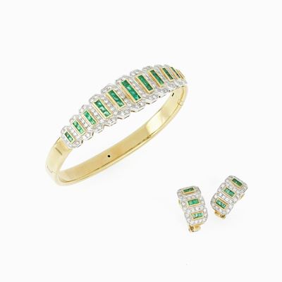 Orecchini e Bracciale Oro Diamanti Smeraldi