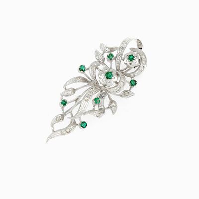Spilla Oro Bianco Diamanti Smeraldi