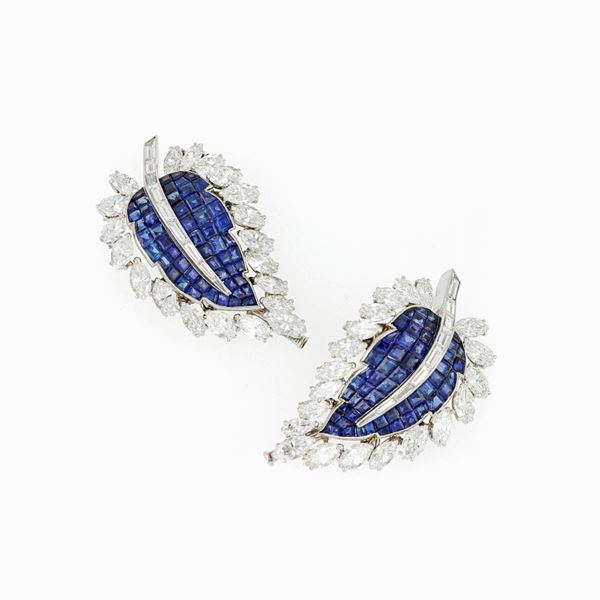 Pair of diamond sapphire brooches 
