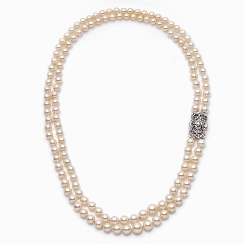 Doppio Filo Perle Oro Bianco e Diamanti