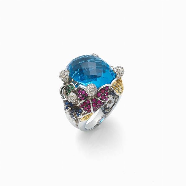 Topaz ring with diamonds rubies sapphires  - Auction GIOIELLI, OROLOGI E VINTAGE LUXURY GOODS - Faraone Casa d'Aste
