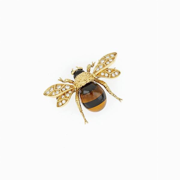 Diamond onyx tiger eye brooch 
