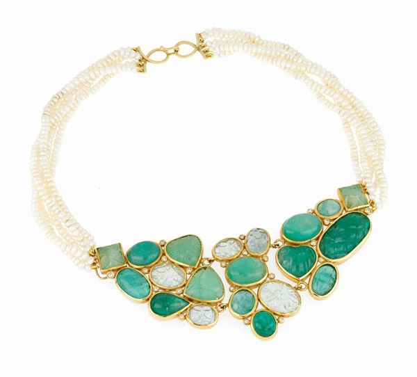 Gold emeralds pearls necklace