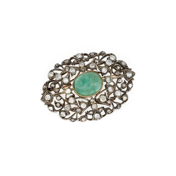 Silver gold diamond emerald brooch