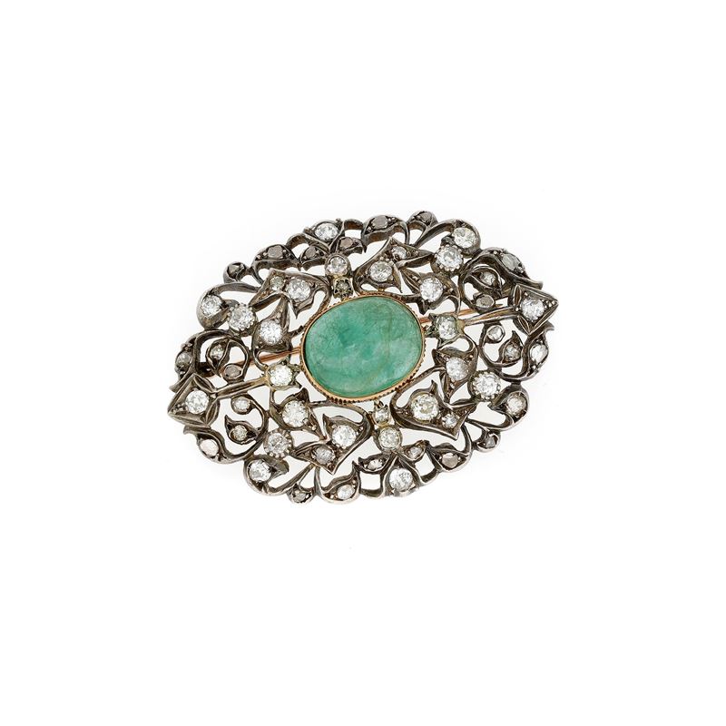 Spilla Argento e Oro Diamanti Smeraldo
