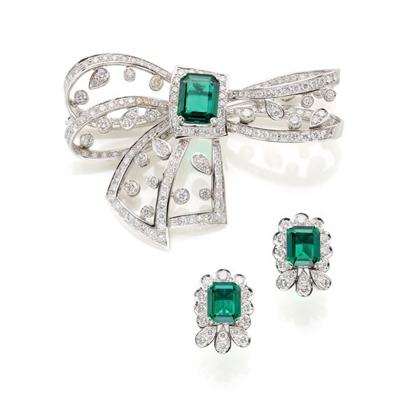 White gold brooch and earrings diamonds and synthetic emeralds