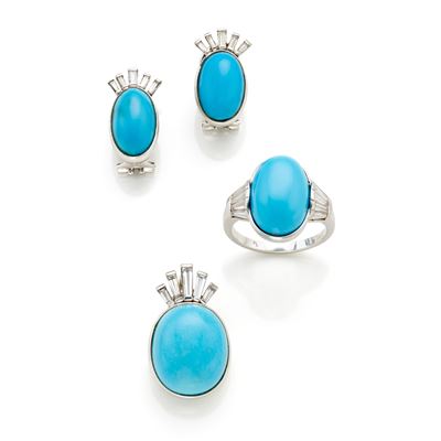 Anello, Orecchini, Spilla Oro Diamanti Turchesi