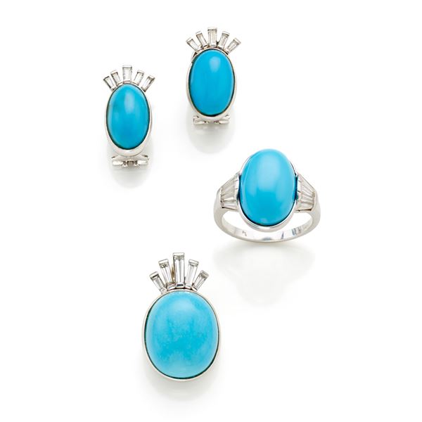 Anello, orecchini, spilla oro diamanti turchesi