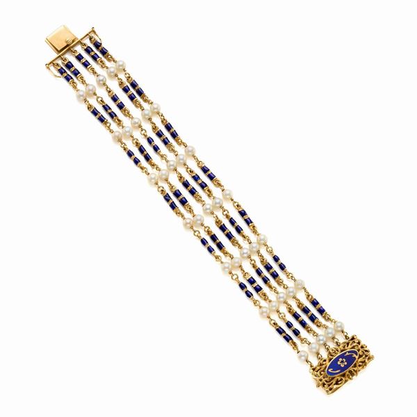 Gold enamel pearls bracelet