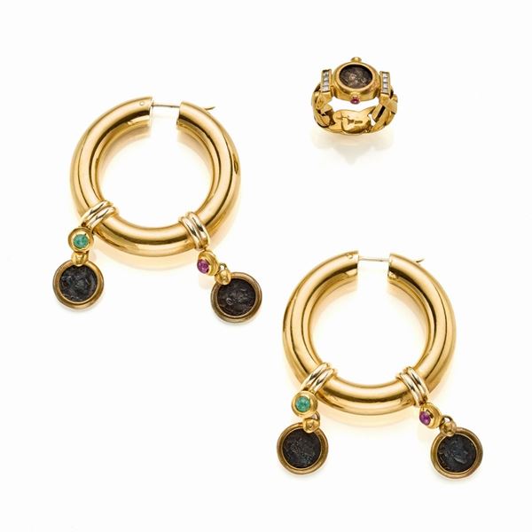 Anello e orecchini in oro con monete