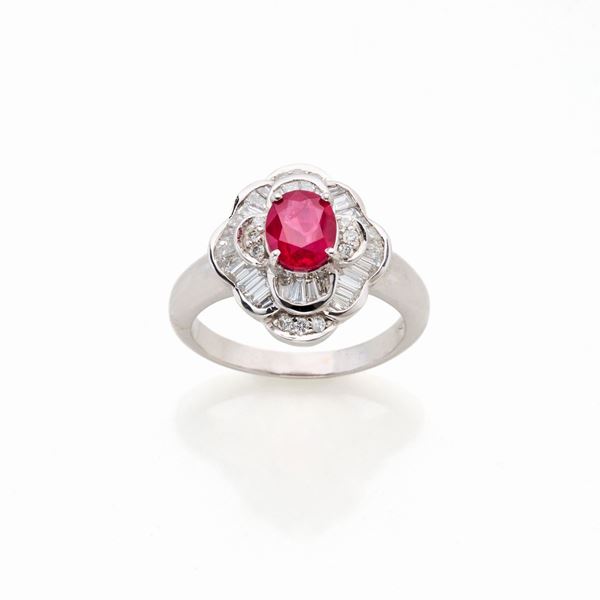 Anello oro bianco con rubino e diamanti